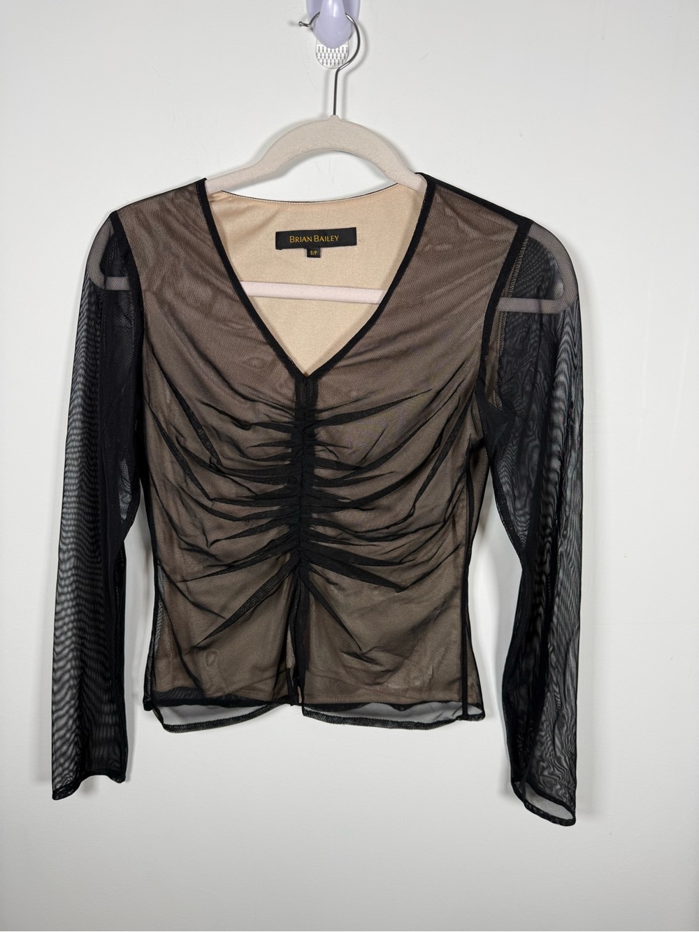 BRIAN BAILEY | Black Mesh Ruched Top Size S